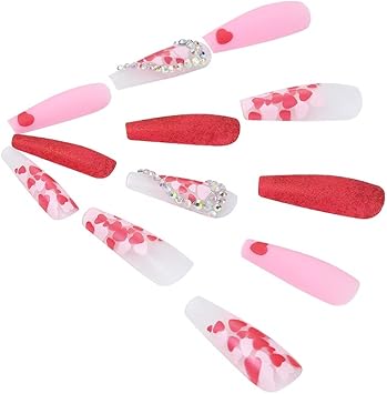 Brishow Coffin Long False Nails Heart Press on Nails Rhinestone Stick on Nails Ballerina Acrylic Fake Nails 24pcs for Women and Girls - Image 4