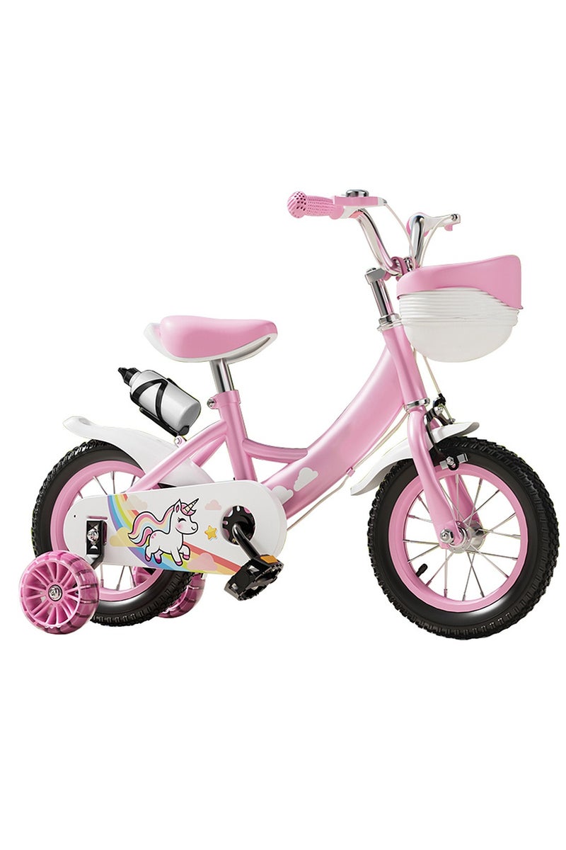 ما بيبي دراجة أطفال 12 بوصة، مع عجلات تدريب وامضة وزجاجة مياه، ومقعد ومقود قابل للتعديل، دراجة للأطفال الصغار والأولاد والبنات (وردي) - Image 1