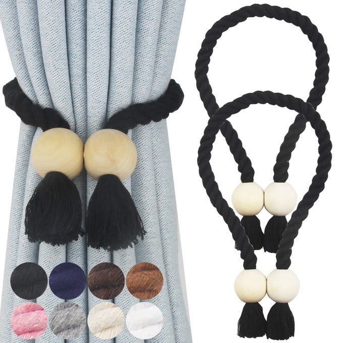 2 PACK MAGNETIC CURTAIN TIEBACKS COTTON HAND WOVEN TIE BACK DECORATIVE ROPE HOLDBACKS FOR CURTAINS DRAPERIES NO TOOLS REQUIRED BLACK