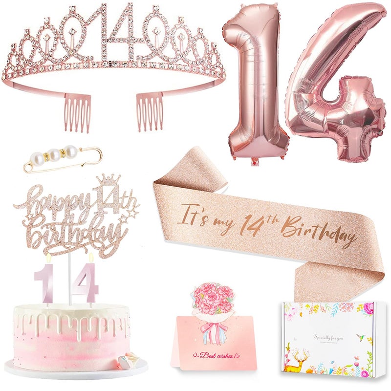 Awfrky 14th Birthday Decorations for Girls, 14th Birthday Sash and Crown, Cake Topper, Number Candles and Balloons, 14 Year Old Gifts for Girls - Image 1