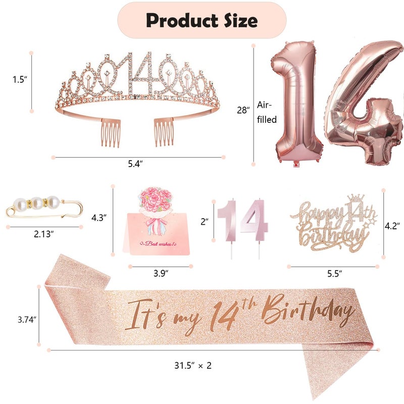 Awfrky 14th Birthday Decorations for Girls, 14th Birthday Sash and Crown, Cake Topper, Number Candles and Balloons, 14 Year Old Gifts for Girls - Image 2