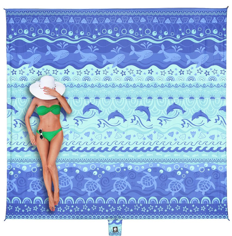 WEKAPO Beach Blanket Waterproof Sandproof Oversized Extra Large Sand Free Beach Mat with Stakes Storage Bag Essentials for Outdoor Beach Picnic Bohemian Sealife 11 X 9 FT 110 Person