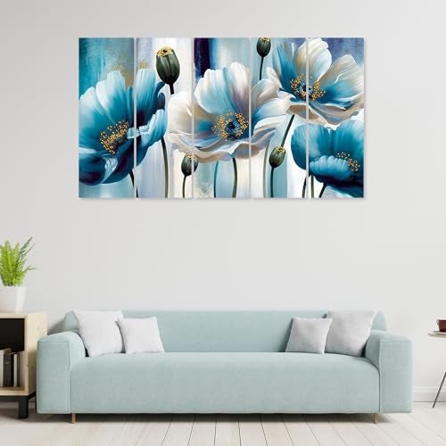 DEKORSTATION Blue and White Flower Canvas Wall Painting for Home,Wall Decorative Painting Multiple Frames Wall Paintings | Set of -5 Big Size | dspnl616 - Image 3