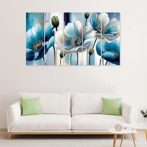 DEKORSTATION Blue and White Flower Canvas Wall Painting for Home,Wall Decorative Painting Multiple Frames Wall Paintings | Set of -5 Big Size | dspnl616 - Image 1