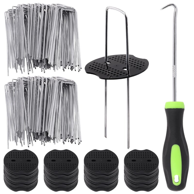 Glarks 201Pcs Garden Stakes Staples Kit 100Pcs 6 Inch UShaped Landscape Staples 100Pcs Fixing Gasket with 1Pc Pick Hook for Weed Barrier Fabric Ground Cover Holding Fence and Artificial Turf - Image 2