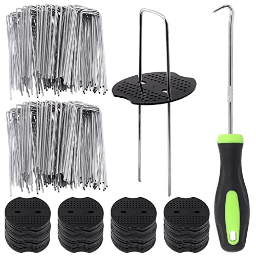 Glarks 201Pcs Garden Stakes Staples Kit 100Pcs 6 Inch UShaped Landscape Staples 100Pcs Fixing Gasket with 1Pc Pick Hook for Weed Barrier Fabric Ground Cover Holding Fence and Artificial Turf - Image 1