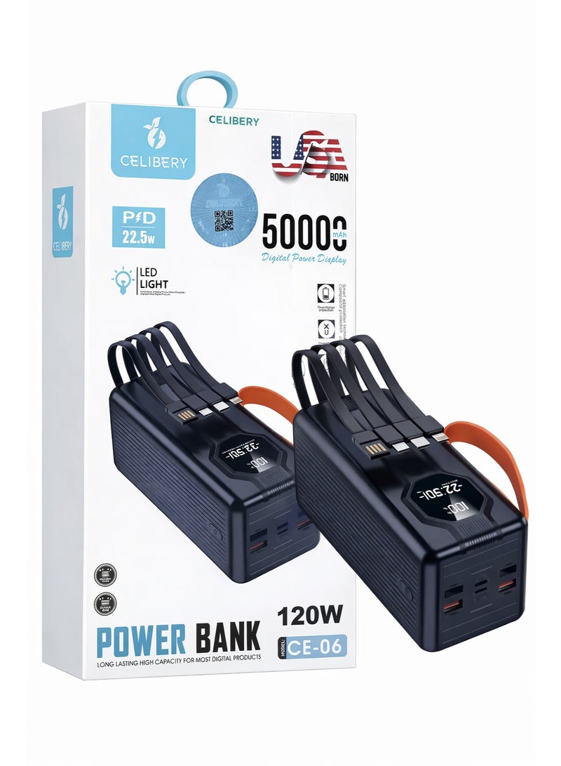 سيليبري باور بانك سعة 50000 مللي أمبير 120 واط شحن سريع – كابلات مدمجة متعددة، شاشة LED، PD 22.5W، بطارية متنقلة عالية السعة - Image 2