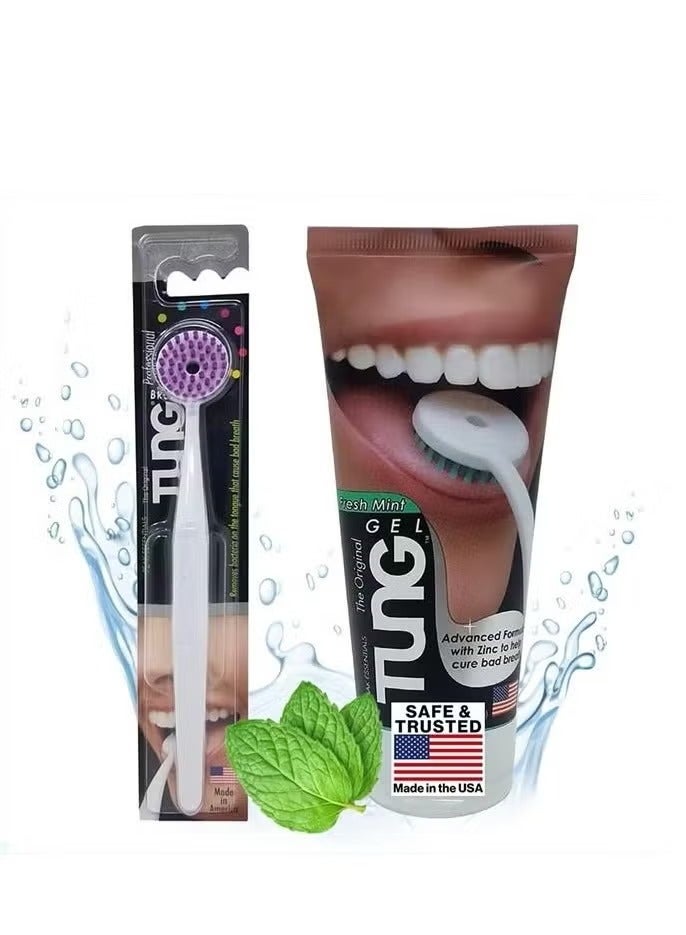 Peak Essentials The Original TUNG Brush Tongue Brush & Gel Kit | Tongue Cleaner for Adults | Tongue Scraper for Bad Breath | Bad Breath Eliminator | Cool Mint Flavor | Made in USA (Set of 1)