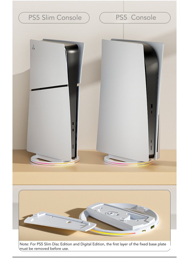 حامل عمودي RGB لـ PS5 / PS5 Slim / PS5 Pro – قاعدة LED RGB مع تأثيرات إضاءة ديناميكية، فتحات للتهوية المثلى، متوافق مع الإصدارات الرقمية والمزودة بالقرص، تصميم أنيق ومتعدد الاستخدامات، أبيض - Image 3