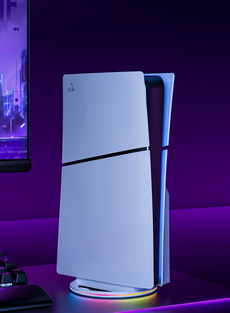 حامل عمودي RGB لـ PS5 / PS5 Slim / PS5 Pro – قاعدة LED RGB مع تأثيرات إضاءة ديناميكية، فتحات للتهوية المثلى، متوافق مع الإصدارات الرقمية والمزودة بالقرص، تصميم أنيق ومتعدد الاستخدامات، أبيض - Image 2