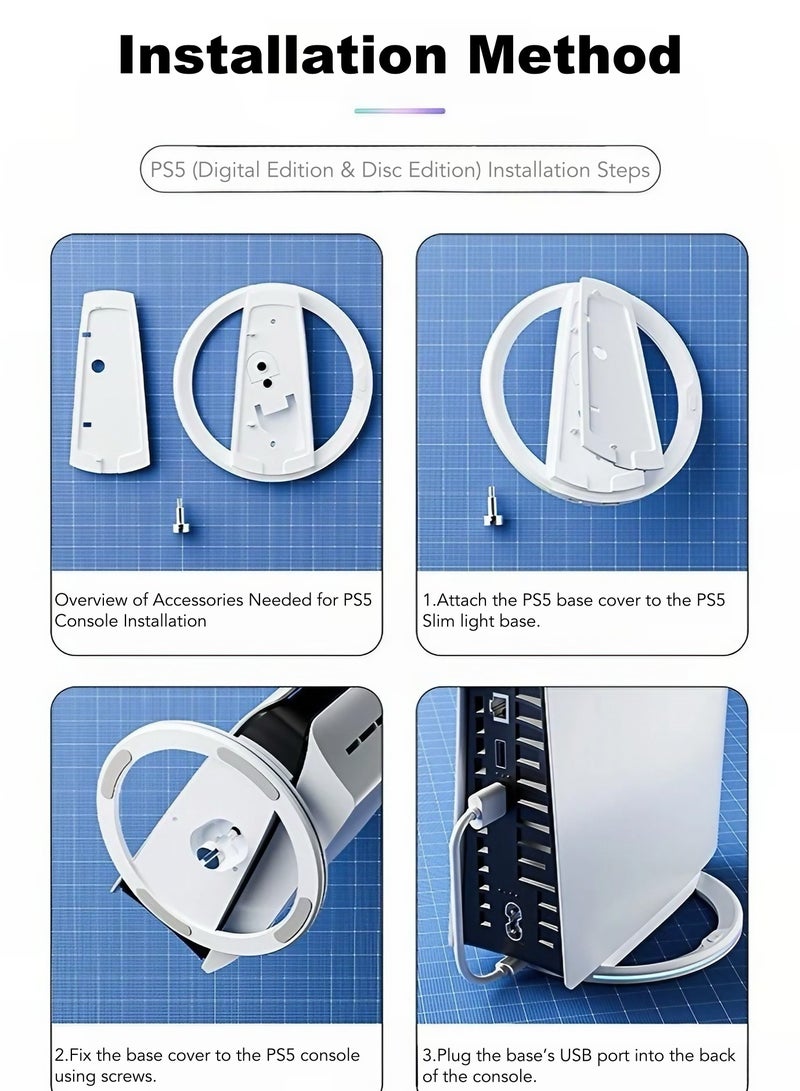 حامل عمودي RGB لـ PS5 / PS5 Slim / PS5 Pro – قاعدة LED RGB مع تأثيرات إضاءة ديناميكية، فتحات للتهوية المثلى، متوافق مع الإصدارات الرقمية والمزودة بالقرص، تصميم أنيق ومتعدد الاستخدامات، أبيض - Image 4