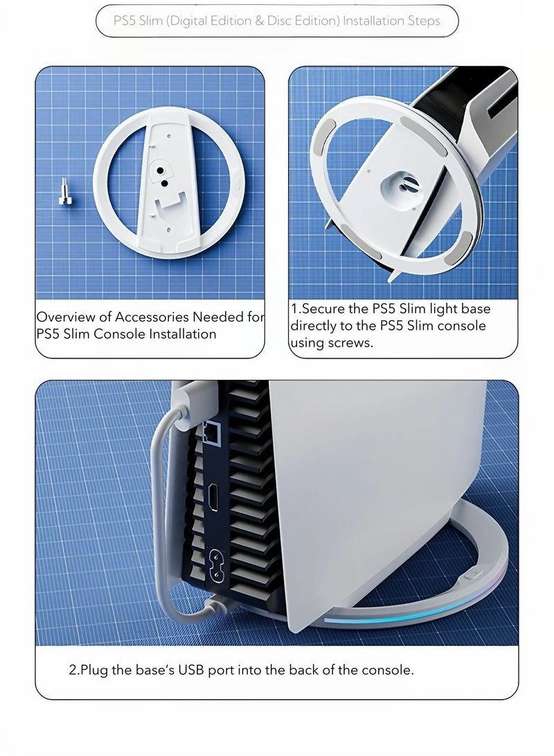 حامل عمودي RGB لـ PS5 / PS5 Slim / PS5 Pro – قاعدة LED RGB مع تأثيرات إضاءة ديناميكية، فتحات للتهوية المثلى، متوافق مع الإصدارات الرقمية والمزودة بالقرص، تصميم أنيق ومتعدد الاستخدامات، أبيض - Image 5