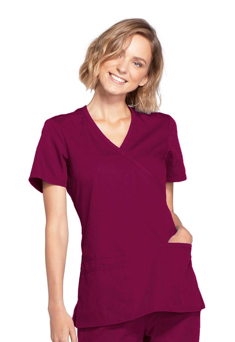Cherokee womens Workwear Core Stretch Mock Wrap Shirt Medical Scrubs, Wine, Large US - Image 1