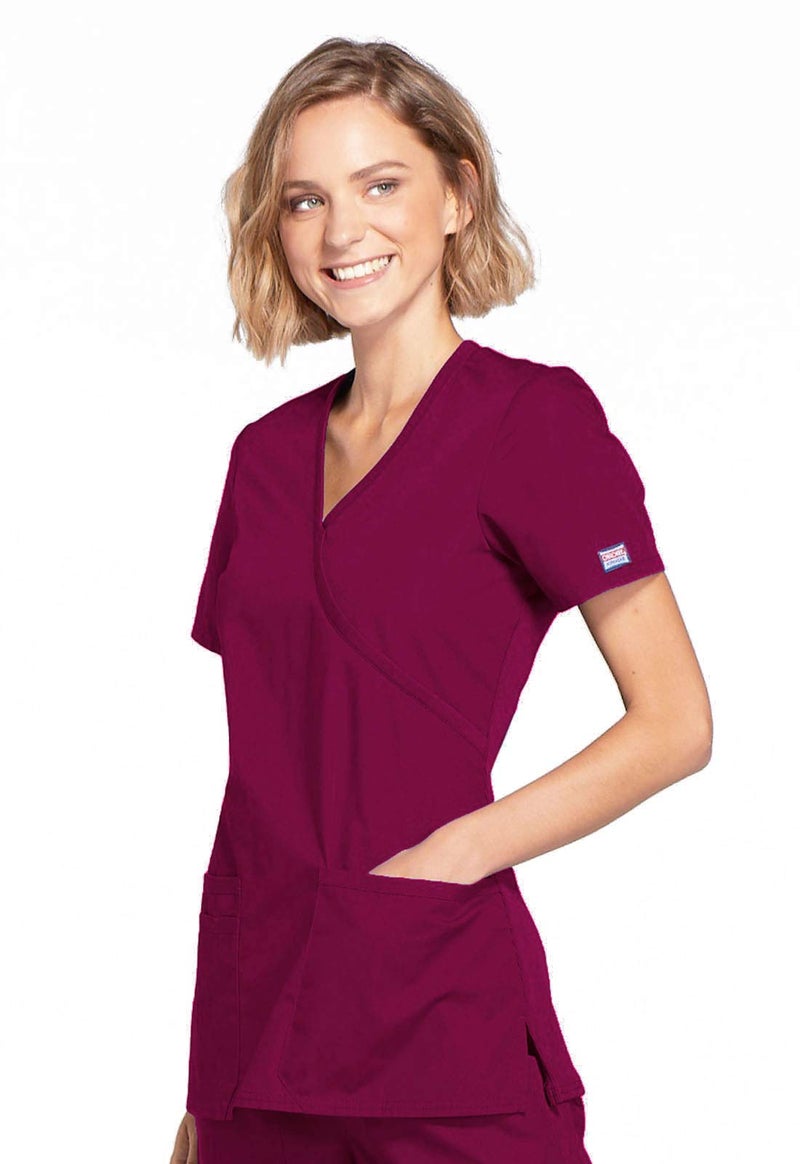 Cherokee womens Workwear Core Stretch Mock Wrap Shirt Medical Scrubs, Wine, Large US - Image 3