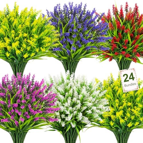 Bassion 24 Bundles Artificial Flowers for Outdoors Fake Lavender Flowers with Monkey Grass UV Resistant Plastic Faux Plants for Outside Hanging Planter Window Box Garden Patio Front Porch Home Decor - Image 1