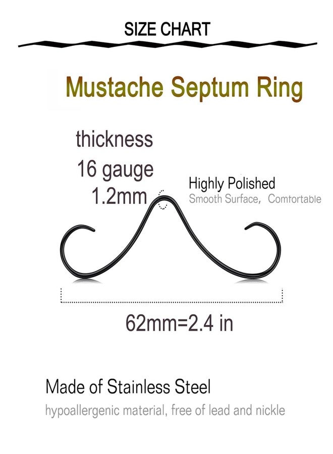 Longita Mustache Septum Ring 16g Septum Mustache Nose Ring Mustache Nose Ring Septum Ring Mustache 16 Gauge Black - Image 2
