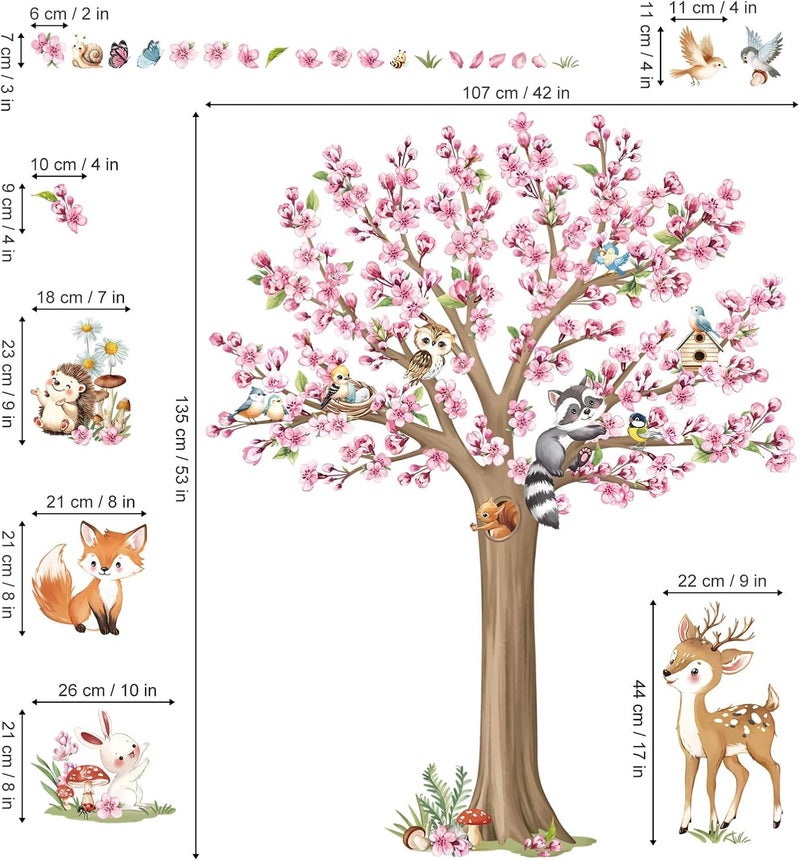 decalmile Woodland Animals Large Flower Tree Wall Decals Cherry Blossom Deer Fox Wall Stickers Baby Nursery Kids Bedroom Living Room Wall Decor - Image 4