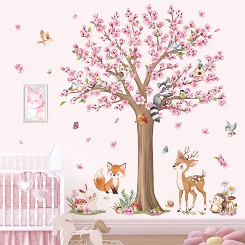 decalmile Woodland Animals Large Flower Tree Wall Decals Cherry Blossom Deer Fox Wall Stickers Baby Nursery Kids Bedroom Living Room Wall Decor - Image 3