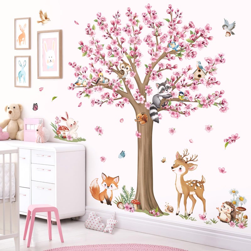 decalmile Woodland Animals Large Flower Tree Wall Decals Cherry Blossom Deer Fox Wall Stickers Baby Nursery Kids Bedroom Living Room Wall Decor - Image 2