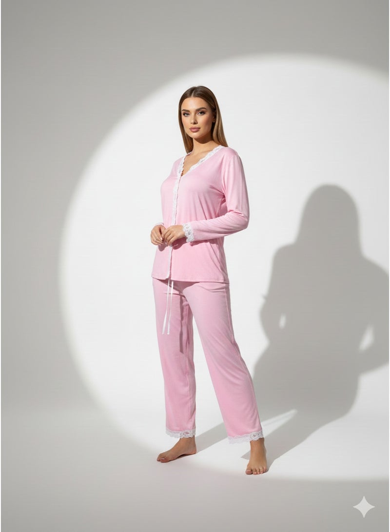 مانيكان طقم بيجامة نسائي بتصميم عينة مصنوع من مادة ناعمة مريحة للغاية من القطن المخلوط مزخارف من دانتيل عن الحواف - Image 5