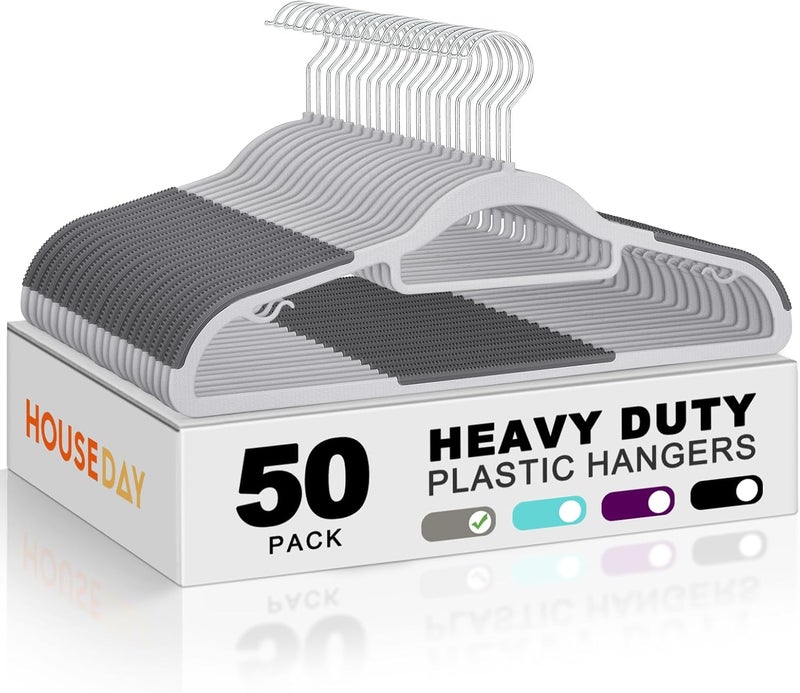 HOUSE DAY Pack of 50 Non-Slip Plastic Hangers, Space-Saving Heavy Duty Clothes Hangers for Wardrobe Closet Organizer - Grey/White. - Image 1