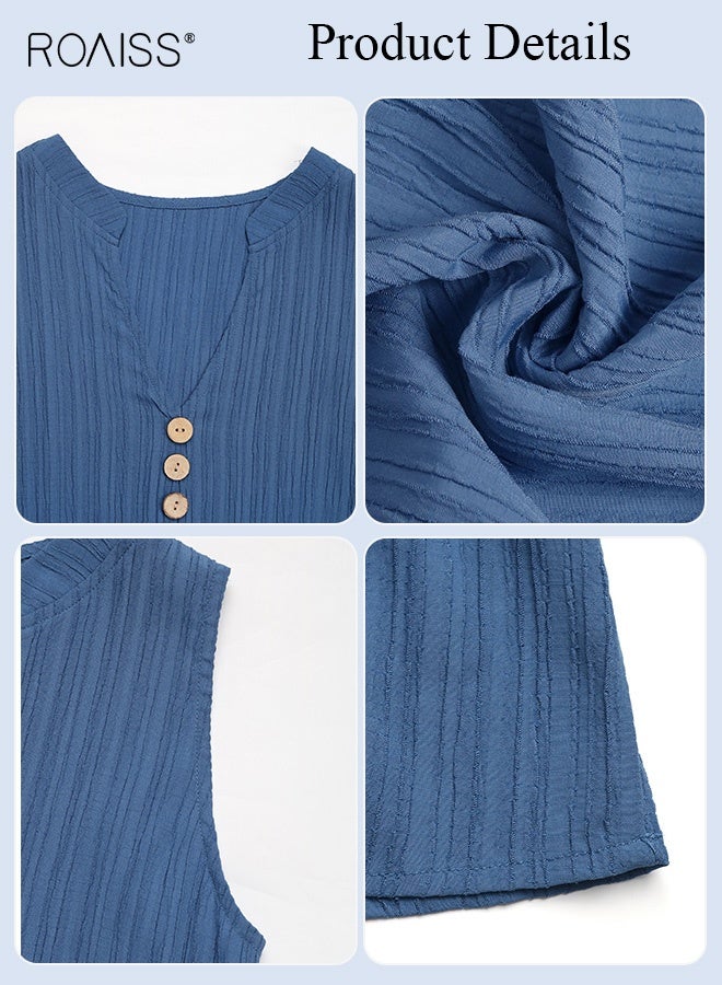 roaiss Women Trend V-Neck Textured Maxi Dress Casual Vacation Dress for Women with Flowy Silhouette Breathable Fabric Versatile Beach to Dinner Elegant Style Navy Blue - Image 5