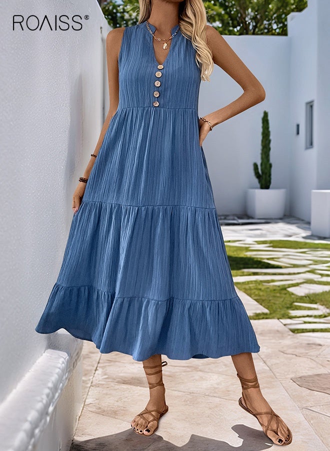 roaiss Women Trend V-Neck Textured Maxi Dress Casual Vacation Dress for Women with Flowy Silhouette Breathable Fabric Versatile Beach to Dinner Elegant Style Navy Blue - Image 2