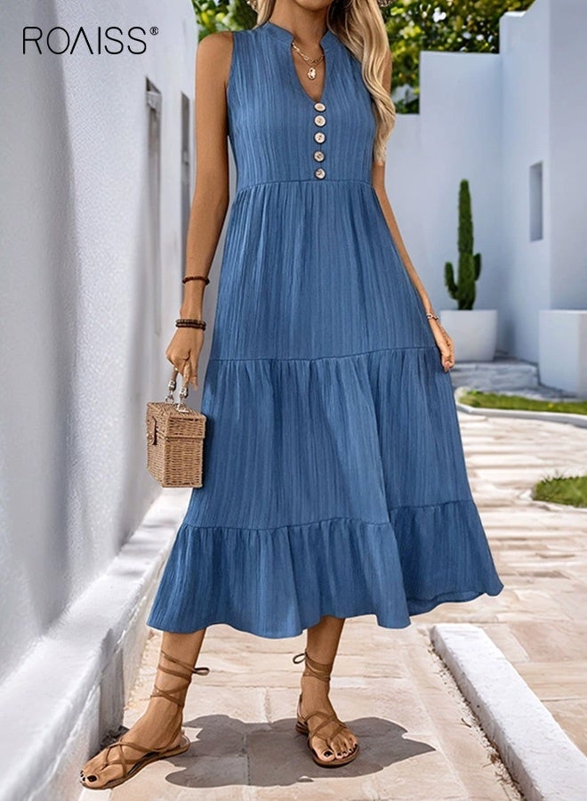 roaiss Women Trend V-Neck Textured Maxi Dress Casual Vacation Dress for Women with Flowy Silhouette Breathable Fabric Versatile Beach to Dinner Elegant Style Navy Blue - Image 1