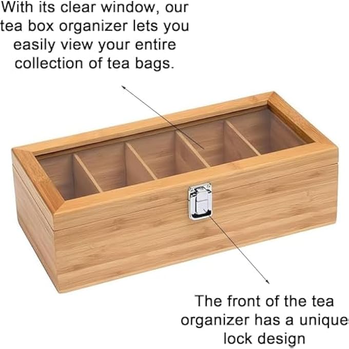 YelaJoy Tea Bag Organizer Storage Box Tea Storage Chest Case Tea Bag Sorter Jewelry Organizer Storage Box With Transparent Hinged Lid For Any Home Restaurant Office 5 Compartments30X20X9Cm - Image 3