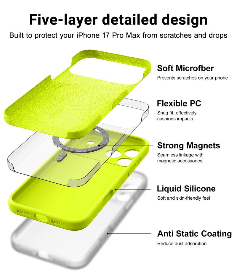 OTOFLY Magnetic for iPhone 17 Pro Max Case,Compatible with Magsafe,Classic Liquid Silicone Mobile Phone Case,Integrated Camera Control Button,Anti-Scratch Microfiber Lining, Neon Yellow - Image 4