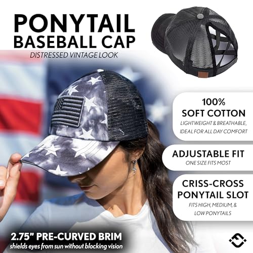 Funky Junque Funny Women's 4th of July Ponytail Trucker Hat with Criss Cross Ponytail Hole - American Flag Star Print - Black W/Mesh - Image 2