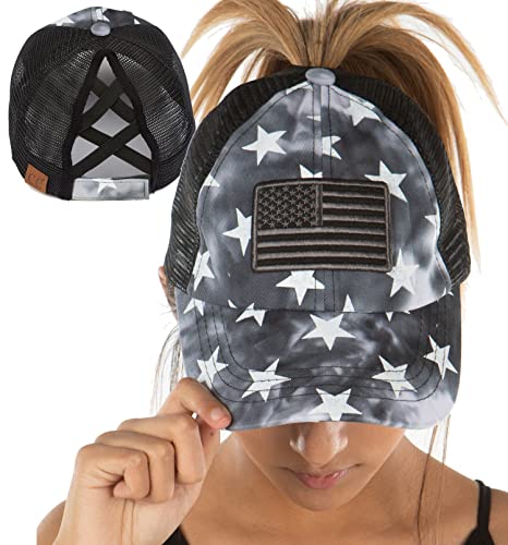 Funky Junque Funny Women's 4th of July Ponytail Trucker Hat with Criss Cross Ponytail Hole - American Flag Star Print - Black W/Mesh - Image 1