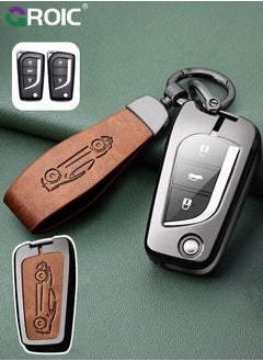 GROIC For Toyota Key Fob Cover with Genuine Leather Keychain, Zinc Alloy Car Key Shell Case for Toyota Corolla Ralink Modified Shell Highlander Full Cover Protection Smart Remote Car Key Holder Key Cove (A)  - Image 1