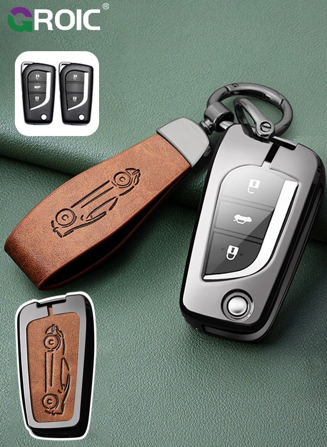 GROIC For Toyota Key Fob Cover with Genuine Leather Keychain, Zinc Alloy Car Key Shell Case for Toyota Corolla Ralink Modified Shell Highlander Full Cover Protection Smart Remote Car Key Holder Key Cove (A)  - Image 1