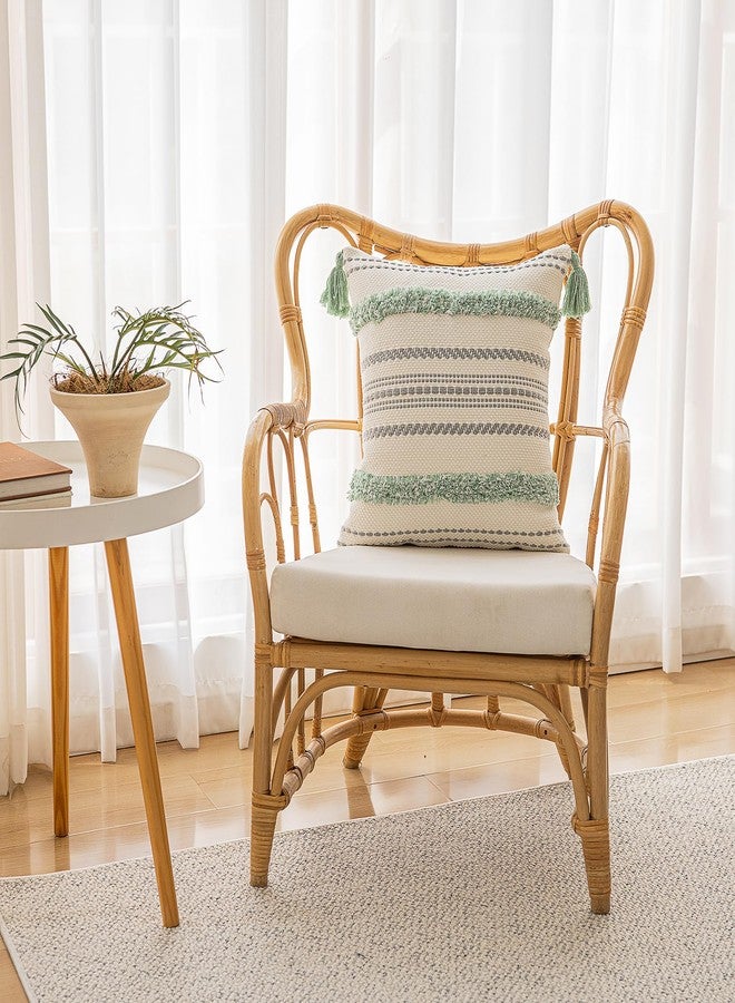 BUIOVBEY Boho Throw Pillow Covers 18x18 Set of 2 Woven Tufted Farmhouse Pillows Cover with Tassels Textured Striped Cushion Case Neutral Pillow Cases Decorative Pillowcase for Sofa, Couch, Bed, Light Green - Image 4