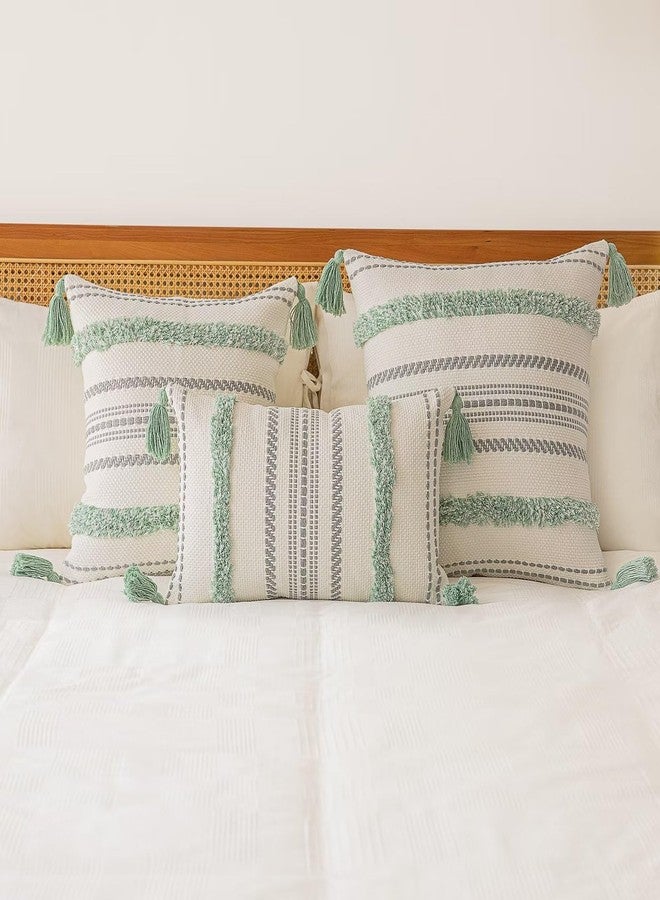 BUIOVBEY Boho Throw Pillow Covers 18x18 Set of 2 Woven Tufted Farmhouse Pillows Cover with Tassels Textured Striped Cushion Case Neutral Pillow Cases Decorative Pillowcase for Sofa, Couch, Bed, Light Green - Image 5