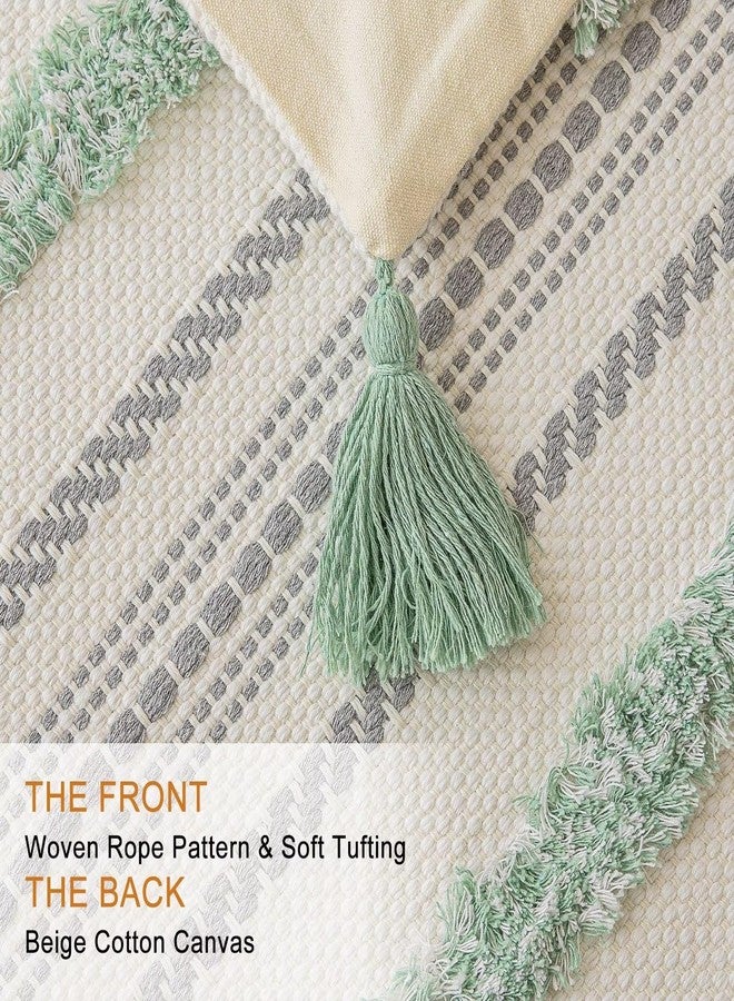 BUIOVBEY Boho Throw Pillow Covers 18x18 Set of 2 Woven Tufted Farmhouse Pillows Cover with Tassels Textured Striped Cushion Case Neutral Pillow Cases Decorative Pillowcase for Sofa, Couch, Bed, Light Green - Image 2