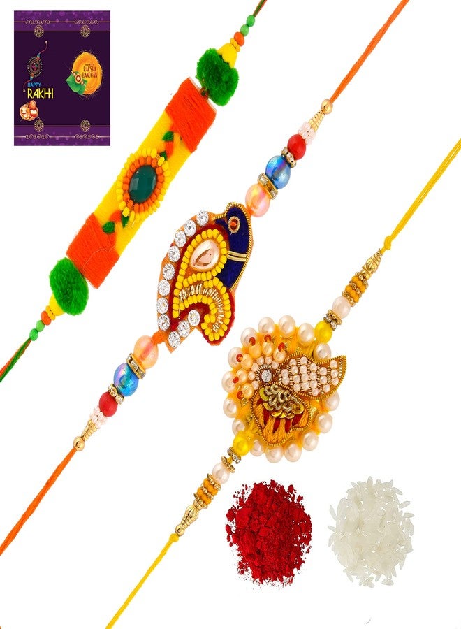 RA-Rock Multicolor Three Designer Rakhi Combo Set For Brother Sister (ARR211183)