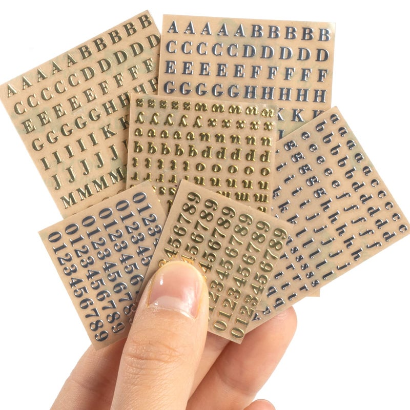 EORTA 6 Sheets 0.12inch Alphabet Number Stickers Mini Letters Decoration Glitter Alloy Self Adhesive Decals for Epoxy Resin Casting Decoration DIY Crafts Scrapbook, Golden/Silvery, 3mm - Image 1