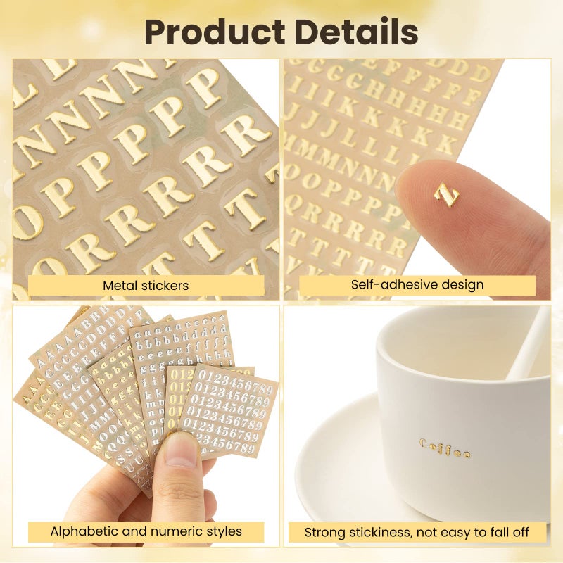 EORTA 6 Sheets 0.12inch Alphabet Number Stickers Mini Letters Decoration Glitter Alloy Self Adhesive Decals for Epoxy Resin Casting Decoration DIY Crafts Scrapbook, Golden/Silvery, 3mm - Image 4