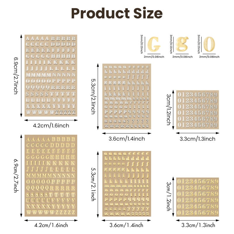 EORTA 6 Sheets 0.12inch Alphabet Number Stickers Mini Letters Decoration Glitter Alloy Self Adhesive Decals for Epoxy Resin Casting Decoration DIY Crafts Scrapbook, Golden/Silvery, 3mm - Image 2