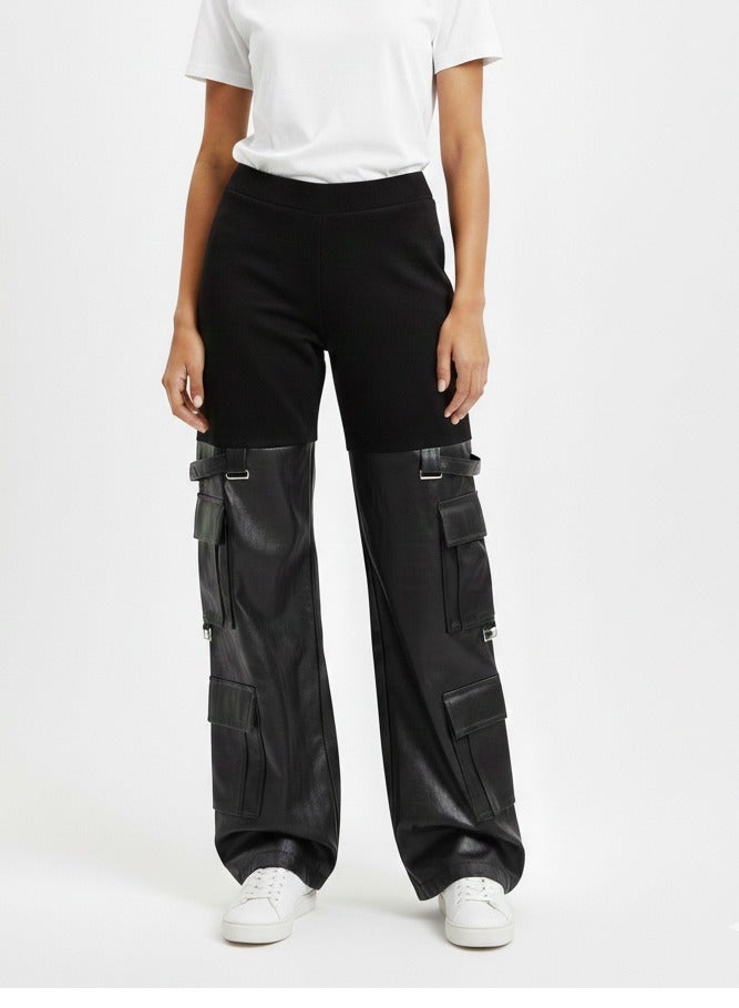 Women black flare lycra pants suede with leather belts and pockets