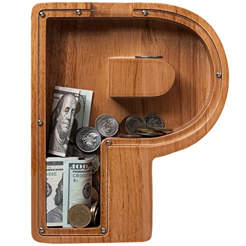 ladenk Piggy Bank for Kids Boys Girls Wooden Large Letter Piggy Bank Alphabet Money Bank with Initial P Coin Bank Fun Gifts for Birthday Christmas Festival Baby Shower - Image 5
