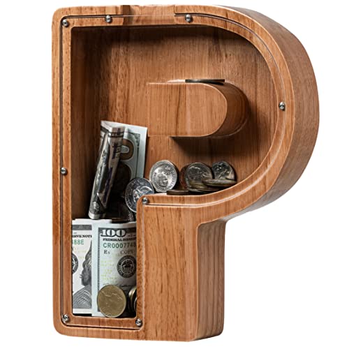 ladenk Piggy Bank for Kids Boys Girls Wooden Large Letter Piggy Bank Alphabet Money Bank with Initial P Coin Bank Fun Gifts for Birthday Christmas Festival Baby Shower - Image 1