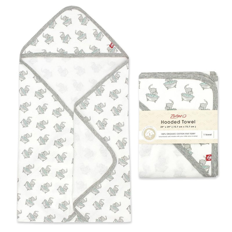 Zutano Hooded Baby Towels Organic Cotton Baby Bath Towel Ultra Soft and Absorbent Baby Towel for Newborn and Infant  Girl Boy and Unisex Towel Set Elephant Bath Time 1Pack - Image 1