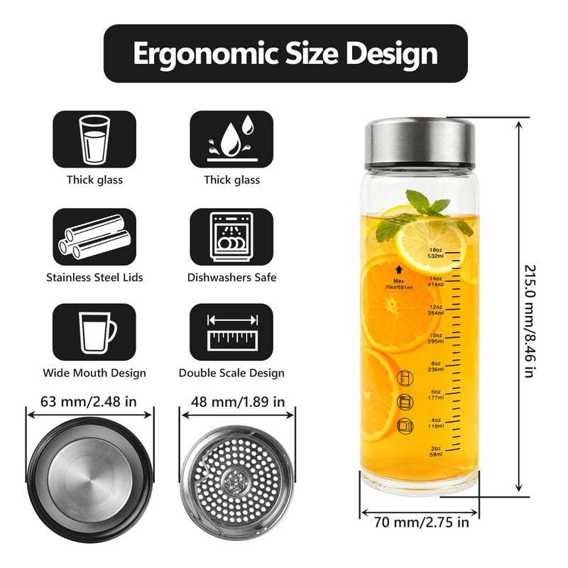Rackickyer Glass Juice Water Bottles 4 Pack 20 OZ,Wide Mouth Glass Water Bottles with Lids and Sleeve,for Juicing, Smoothies, Milk, Protein, Reusable, Leak Proof, Shaker bottle - Image 2