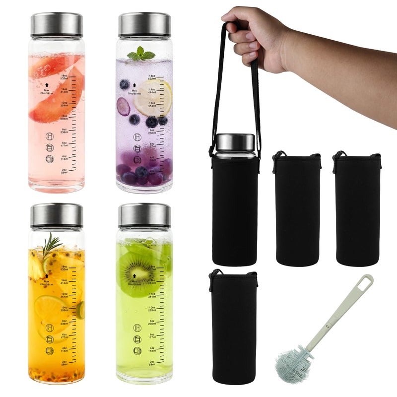 Rackickyer Glass Juice Water Bottles 4 Pack 20 OZ,Wide Mouth Glass Water Bottles with Lids and Sleeve,for Juicing, Smoothies, Milk, Protein, Reusable, Leak Proof, Shaker bottle - Image 1