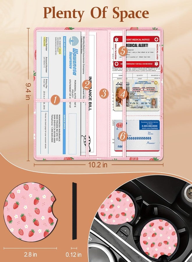 Slohif Car Registration and Insurance Card Holder with Magnetic Shut - Vehicle Glove Box Organizer Women Leather Automobile License Holders Coasters Auto Accessories Case for Document,Strawberry - Image 2