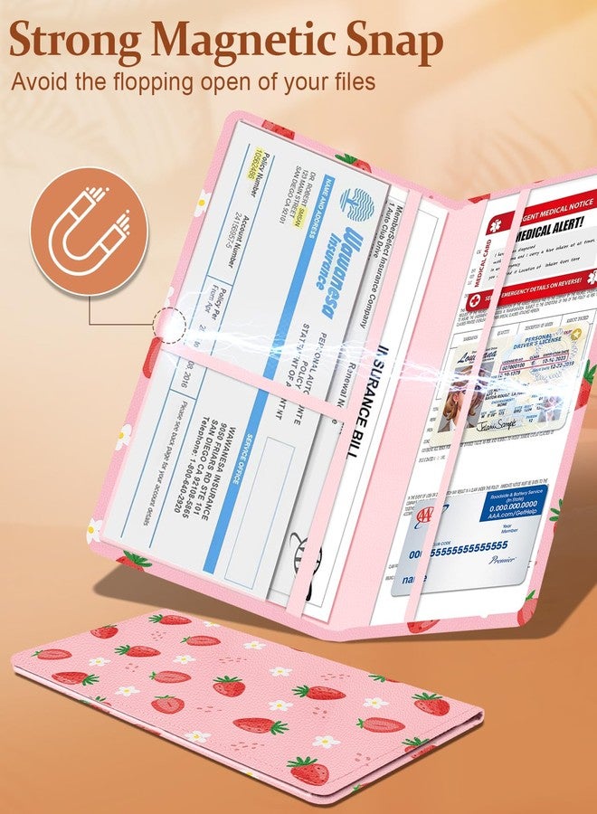 Slohif Car Registration and Insurance Card Holder with Magnetic Shut - Vehicle Glove Box Organizer Women Leather Automobile License Holders Coasters Auto Accessories Case for Document,Strawberry - Image 4