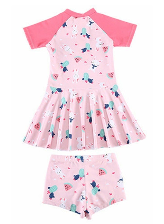 Loquat Girls Printed One Piece Swim Dress,Swim Trunks 2 Piece Set Swim Skirted Bathing Suit Short Sleeve Swimwear - Image 2